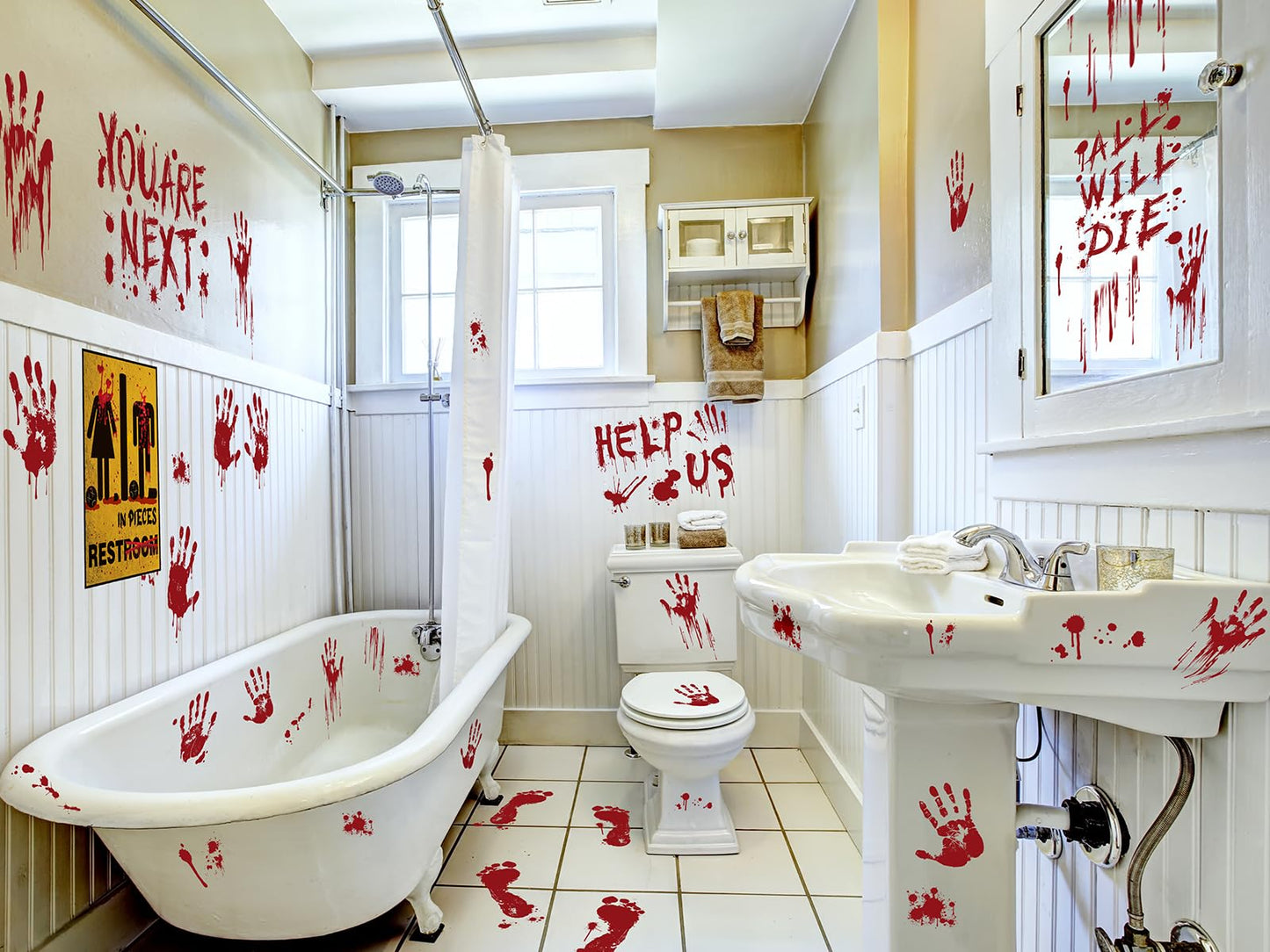 Halloween Clings- Bloody Handprint Footprint Floor Stickers, Scary Halloween Party Decor for Windows and Cars, Indoor/Outdoor Use - 12 Sheets