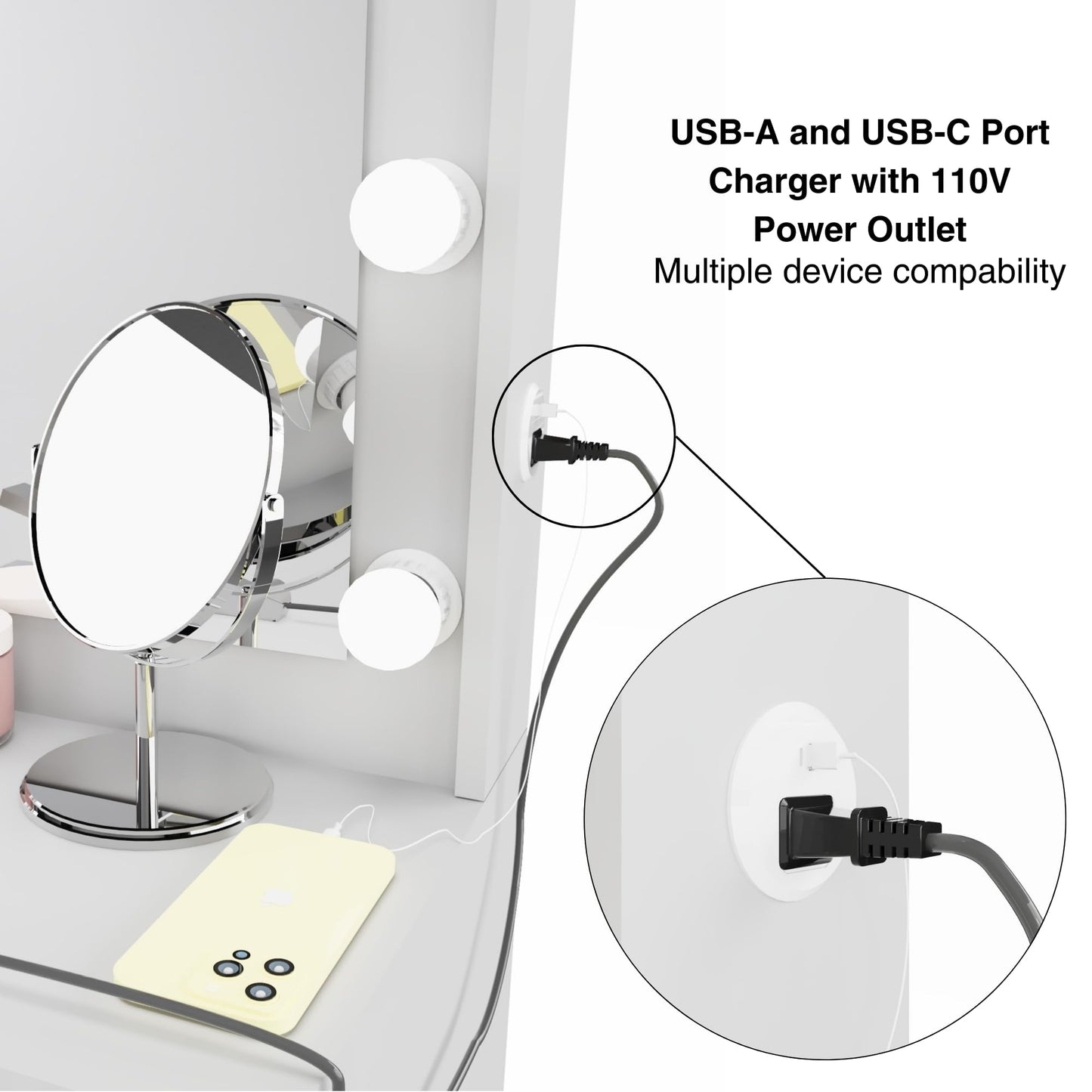 Boahaus Diana Premium White Makeup Vanity Desk with New Built-in Lights, 7 Drawers, USB Type-C & Type-A Ports, 110V Power Outlet, and Crystal Knobs – Upgraded Vanity Table for Bedroom