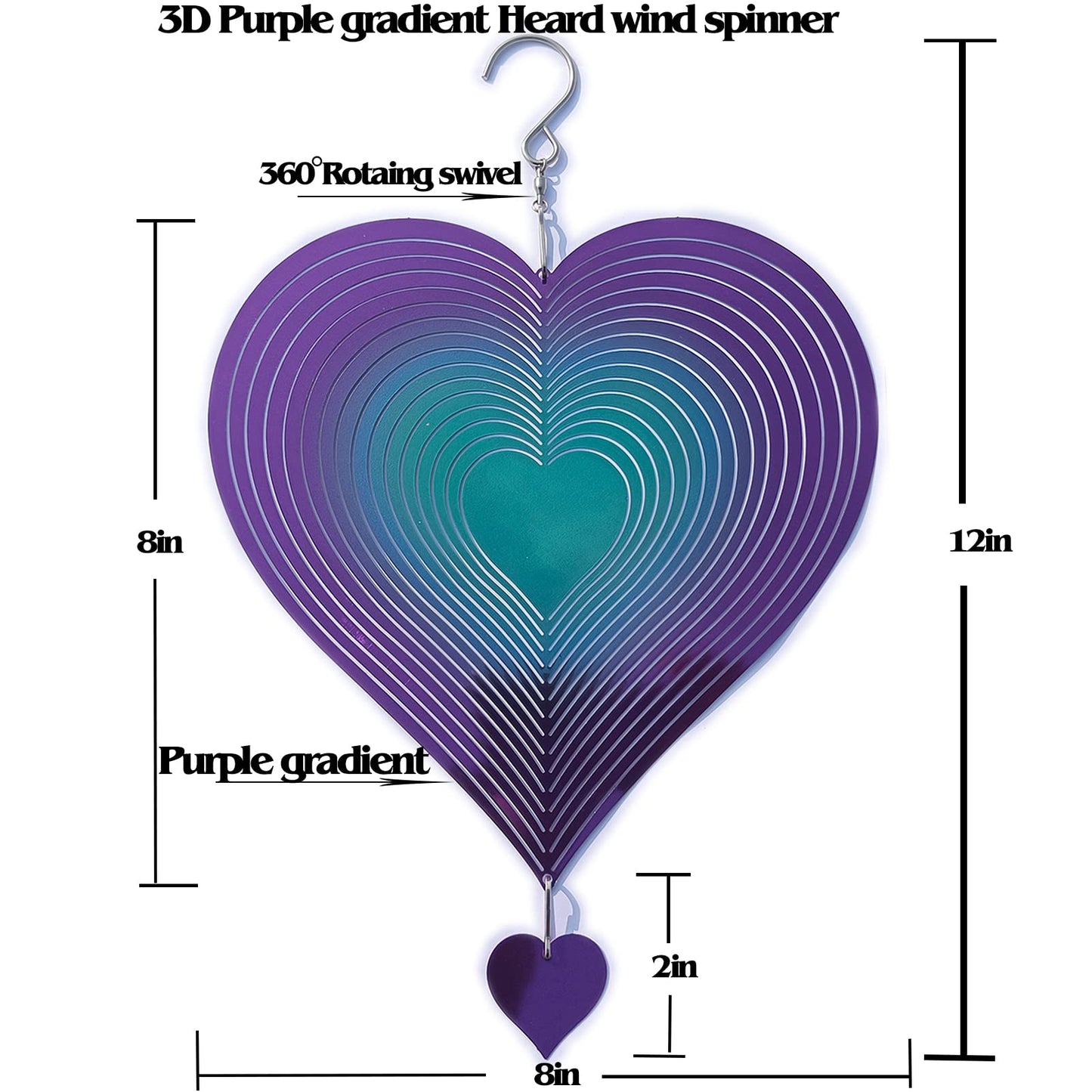 DJUAN Wind Spinner Purple-Green Gradient Love Heart 3D Metal Hanging Wind Spinners Worth Gift Stainless Steel Yard Art Decorations Indoor/Outdoor Kinetic Wind Sculptures & Spinners