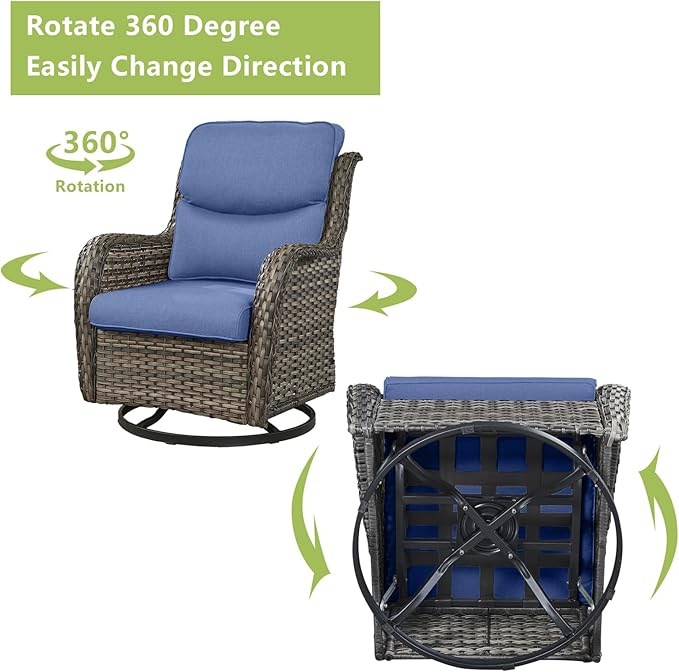 Rilyson Wicker Rocking Chair Swivel Chairs - Rocker Patio Chairs Set of 2 Rattan Rocking Chair for Outdoor Porch Deck Garden Backyard (Mixed Grey/Blue/Smile)