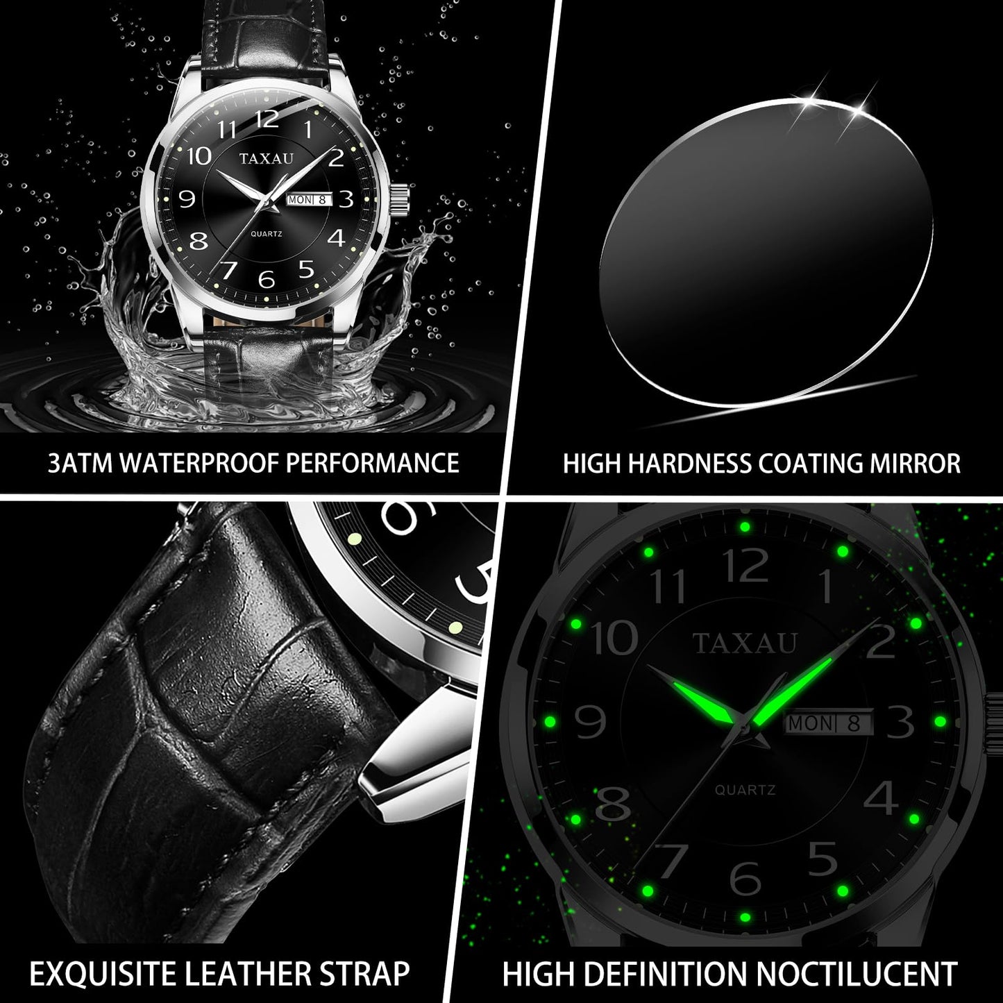 Taxau Men Leather Watch Dress Watches for Men Black Band Waterproof Mens Watch Analog Quartz Men's Wrist Watch with Date Day, Arabic Number, Water Resistant Luminous Large Face