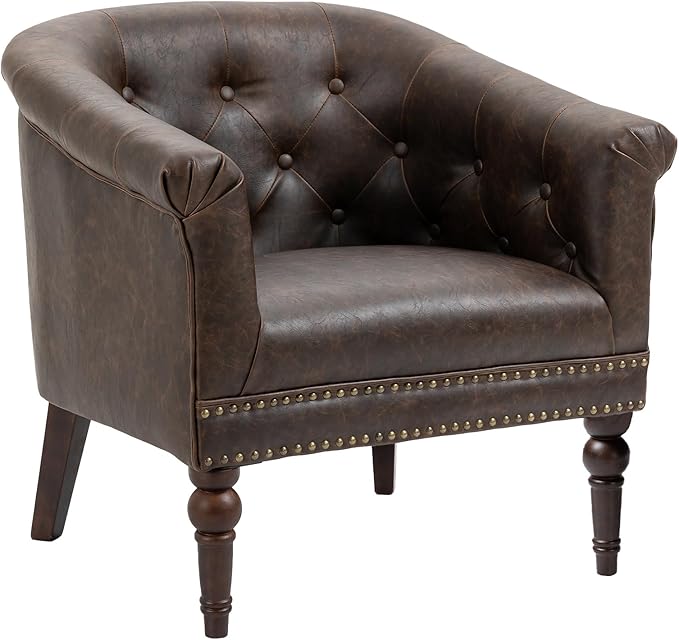 UIXE PU Leather Barrel Club Chairs Set of 4, Modern Arm Accnet Chair Comfy Upholstered Armchair, Nailhead Trim Living Room Single Sofa Reading Seat Bedroom Side Sitting for Office, Chocolate