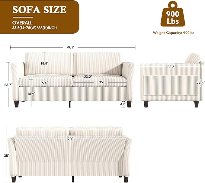 Valthie 79.1" Corduroy Loveseat Sofa, Modern Comfy Couches with Side Pocket, 3-Seater Sofa Couch for Living Room, Bedroom and Small Spaces,Beige