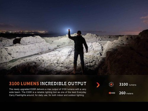 Lumintrail Fenix E35R EDC Flashlight, 3100 Lumens USB Rechargeable LED Flashlight with 5100 mAh Battery, 6 Lighting Modes, with a Wall Plug