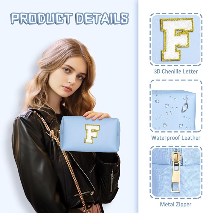 TOPEAST Preppy Small Makeup Bag, Chenille Letter Pouch Cosmetic Bag With Zipper, PU Leather Waterproof Toiletry Bag, Personalized Birthday Gift for Women, Cute Stuff for Girls (Sky Blue D)