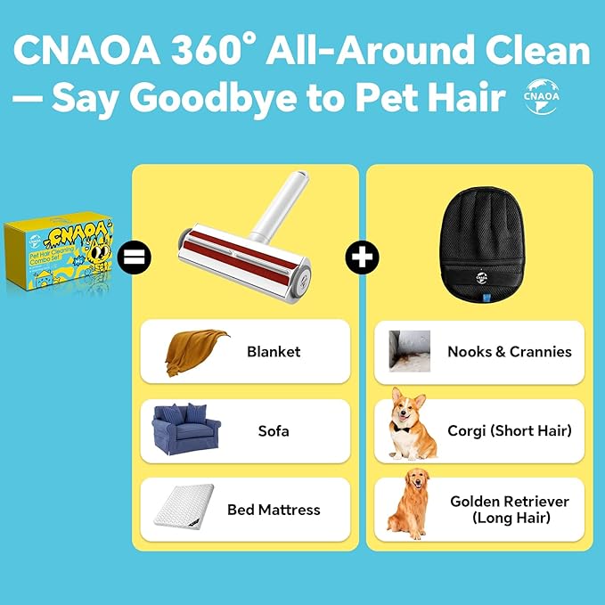 Pet Hair Removal Set, Roller Pet Hair Remover, Pet Hair Removal Glove for Dogs & Cats, Pet Fur Remover for Clothing, Couch, Carpet, Car Seat, Pet Hair Removal Tool - White