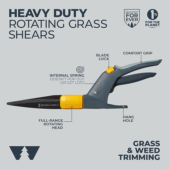 Woodland Tools Heavy Duty Rotating Grass Shears – 180 Degree Pivoting Head, Non Stick Steel Blades, Ergonomic Grip, Manual Grass Clippers for Trimming Around Beds, Walkways, and Edges