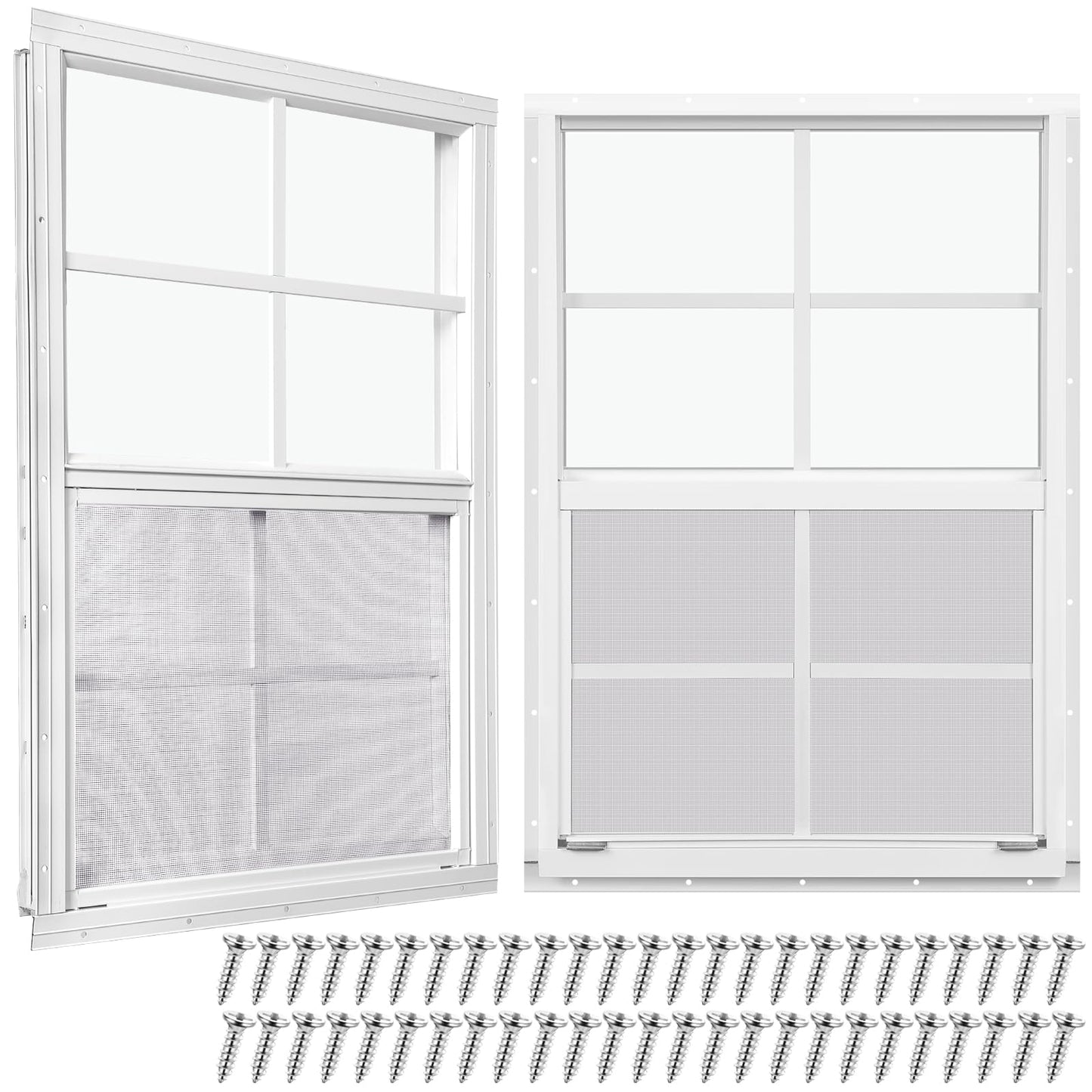 Tandefio 2 Pcs 18''x 27'' White Flush Mount Shed Window with Tempered Glass and Screen Household Windows Sliding Windows with Vertical Slider and Screws for Chicken Coop Loft Sheds Barns