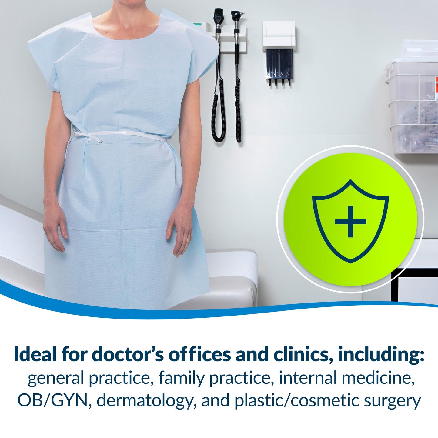 Avalon Standard Gowns, Blue (Pack of 50) ― Tissue/Poly/Tissue ― Open-Back, Waist-Tie, Short-Sleeve Medical Gowns ― Disposable Exam Gowns ― Standard Size 30” x 42” ― Latex-Free Medical Supplies (813)