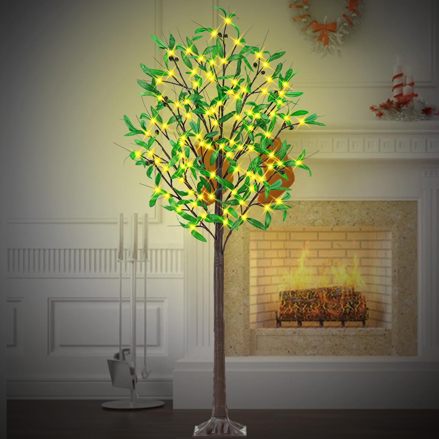 Lighted Olive Trees Artificial 5ft 90 LED Lights for Decoration Inside Outside, Prelit Fake Tree with 18 Fruits 180 Leaves Remote Electric Greenery Lights for Christmas Wedding Holiday Home Decor