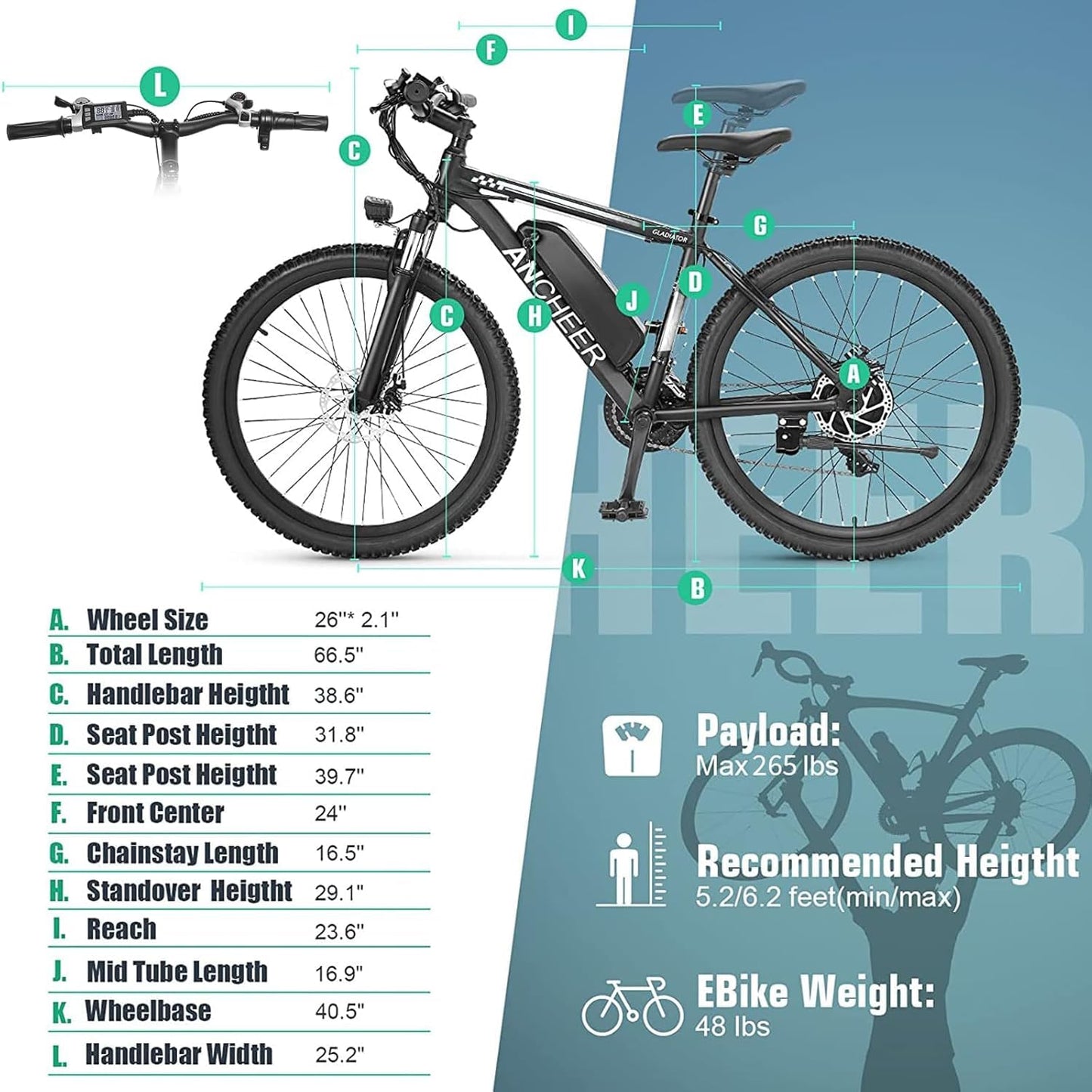 ANCHEER 26" Electric Bike for Adults, Peak 749W Ebike, 19.8MPH Electric Bicycle with 48V 374Wh / 48V 499Wh Battery(3H Fast Charge), LCD Display, Front Suspension, UL2849 Compliant, White Gladiator