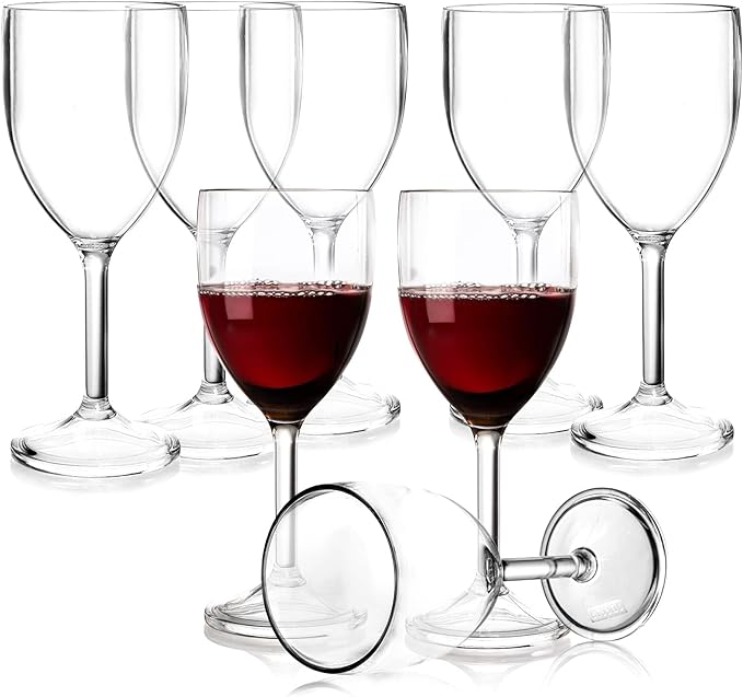 WUWEOT 8 Pack Plastic Wine Glasses, 10 Oz Unbreakable Stemmed Wine Goblets, Clear Shatterproof Plastic Stemware for Trave...