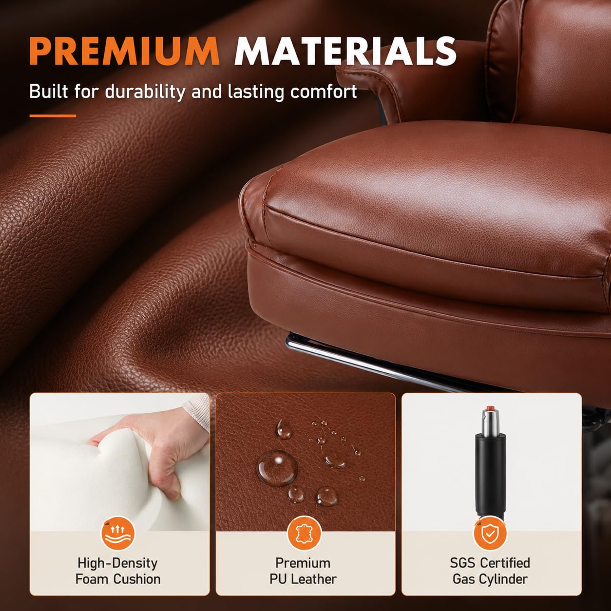 Big and Tall Ergonomic Office Chair with Footrest, Executive High Back PU Leather Desk Chair, Reclining Computer Chair with Adjustable Lumbar Support and Armrests, Swivel Rolling Gaming Chair, Brown