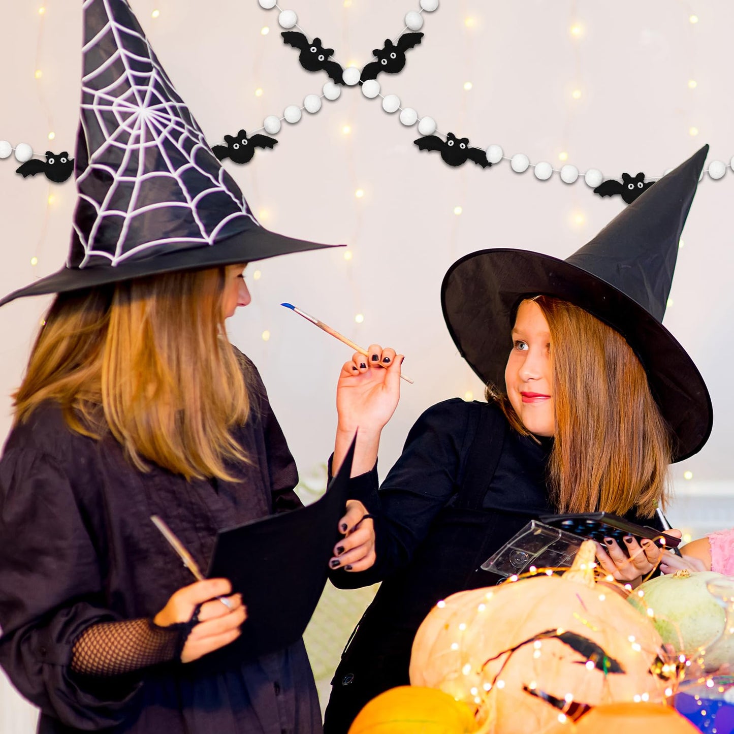 AnyDesign 8.2Ft Felt Garland with 3D Black Bats, White Pom Pom Balls - Halloween Banner for Home Decoration