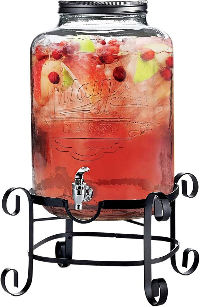 Style Setter Beverage Dispenser Cold Drink Dispenser w/ 3-Gallon Capacity Glass Jug, Metal Stand & Leak-Proof Acrylic Spig...