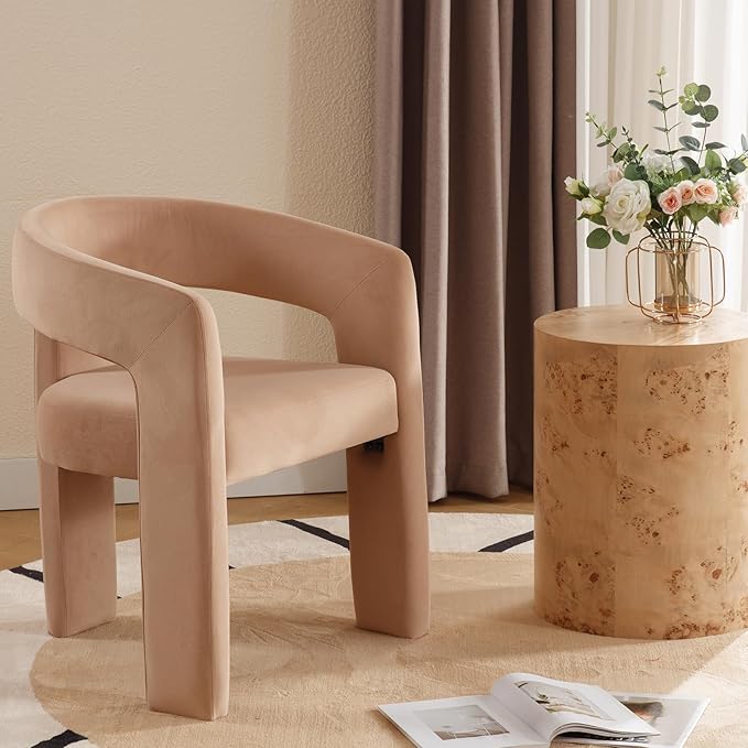 DAYALANE Modern Barrel Dining Chair, Upholstered Accent Kitchen Chair with Arms Comfy Velvet Side Chair for Living Room/Home Office/Reception, Khaki