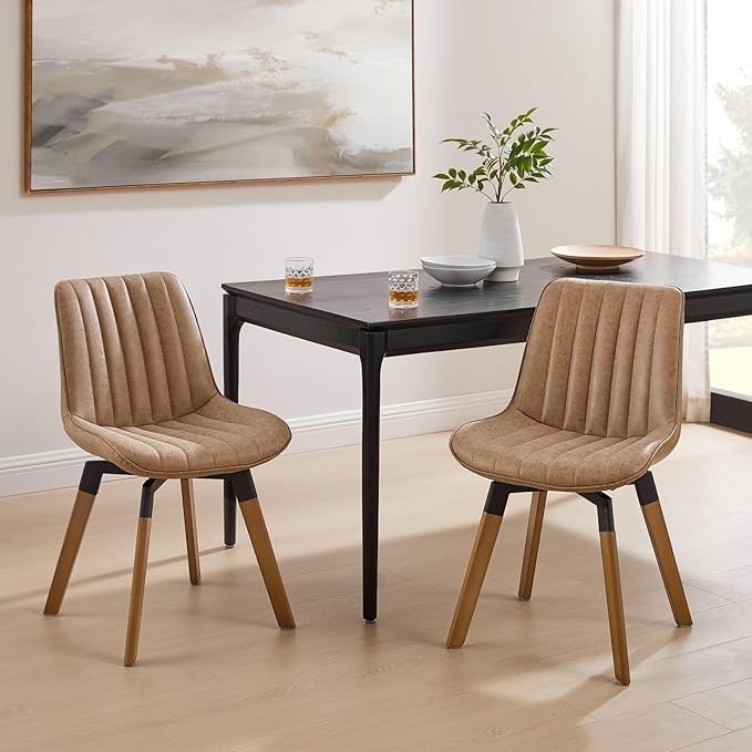 Art Leon Swivel Dining Chairs Set of 2, Mid Century Modern Kitchen Dining Room Chairs, Upholstered Faux Leather Armless Side Chair with Wood Legs for Living Room Bedroom, Yellow Brown