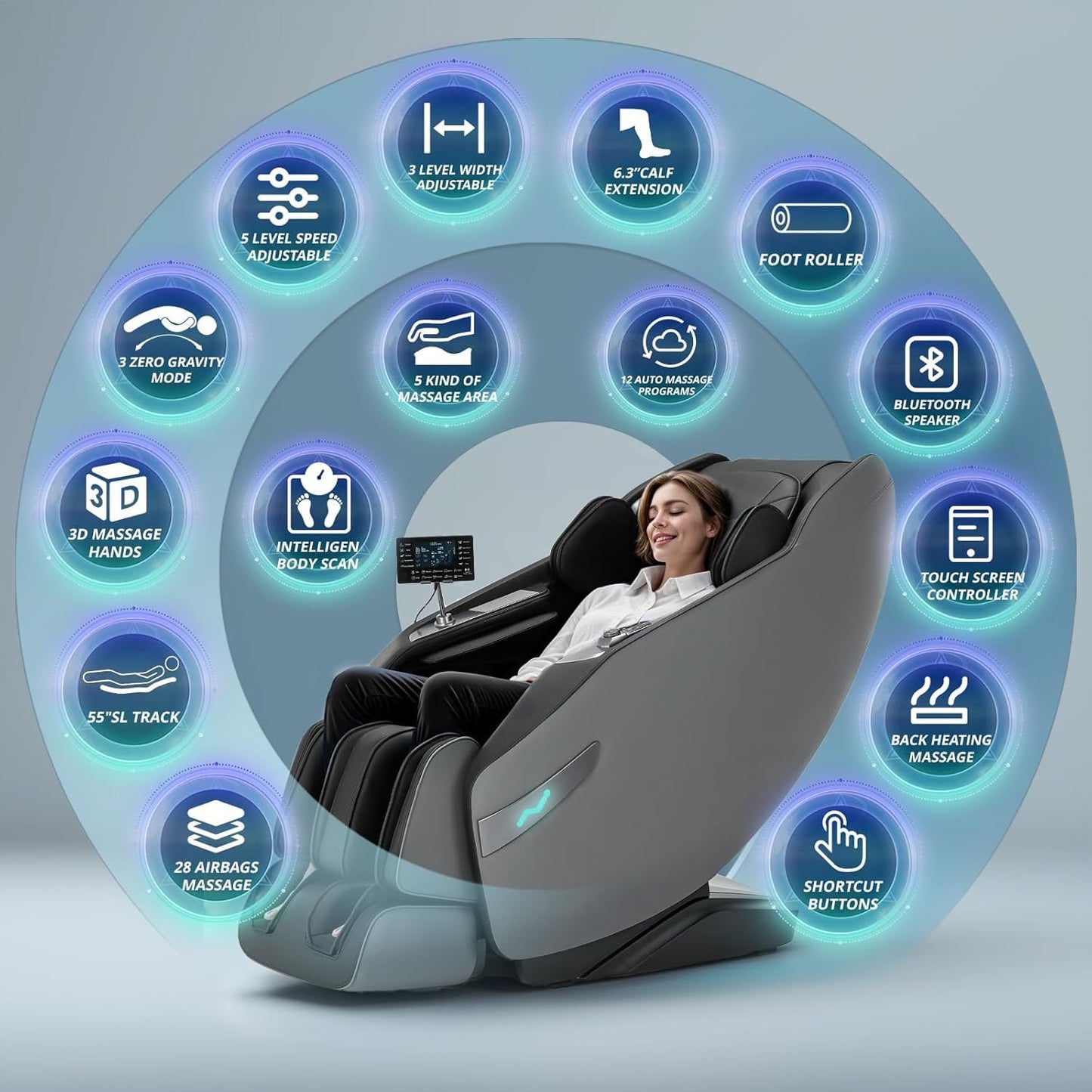 HealthRelife 3D Massage Chair Full Body Recliner - Zero Gravity with Heat, 12 Auto-Massage Modes, Shiatsu Foot Massage, with 55“ SL-Track，28 Airbags Massage, Foot Rollers,Free Dust Cover (Black)