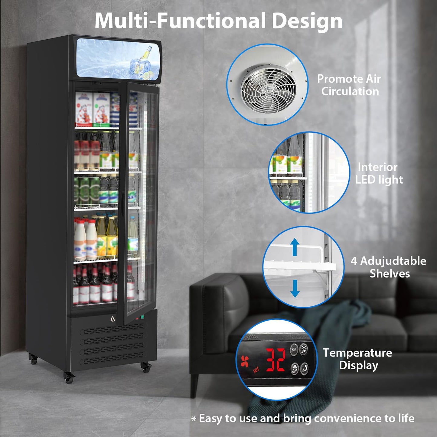 IDEALHOUSE 13.4 Cu.Ft Commercial Display Refrigerator, Single Glass Door Beverage Cooler with 4 Adjustable Shelves & LED Lighting, Black Drink Fridge for Store or Home