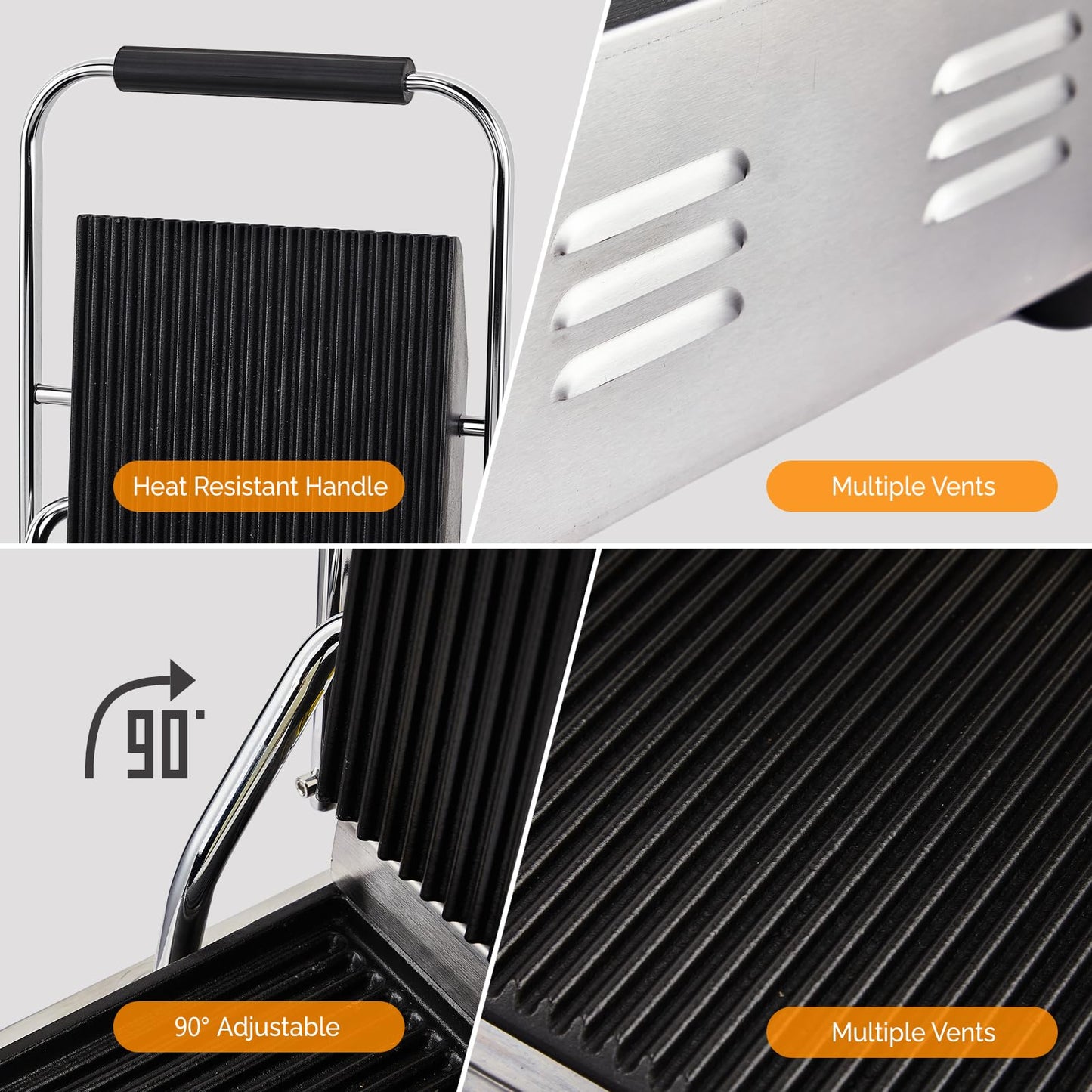 ROVSUN 811 Commercial Panini Press Grill, 1800W Stainless Steel Electric Countertop Sandwich Maker with Adjustable Temp 122°F–572°F, For Steak, Burgers, Home & Restaurant Use, 110V, Silver