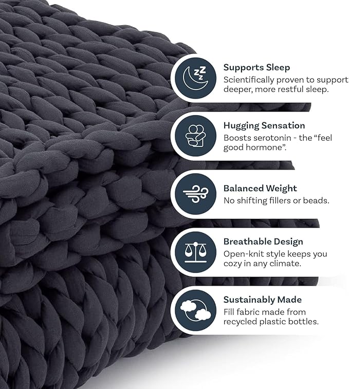 Nuzzie Chunky Knit Weighted Blanket - Breathable, Cooling, Hand Made Knit Throw Blanket for Sleep - Machine Washable, Stylish Design (Misty Grey, Queen | 22lbs | 60"x80")