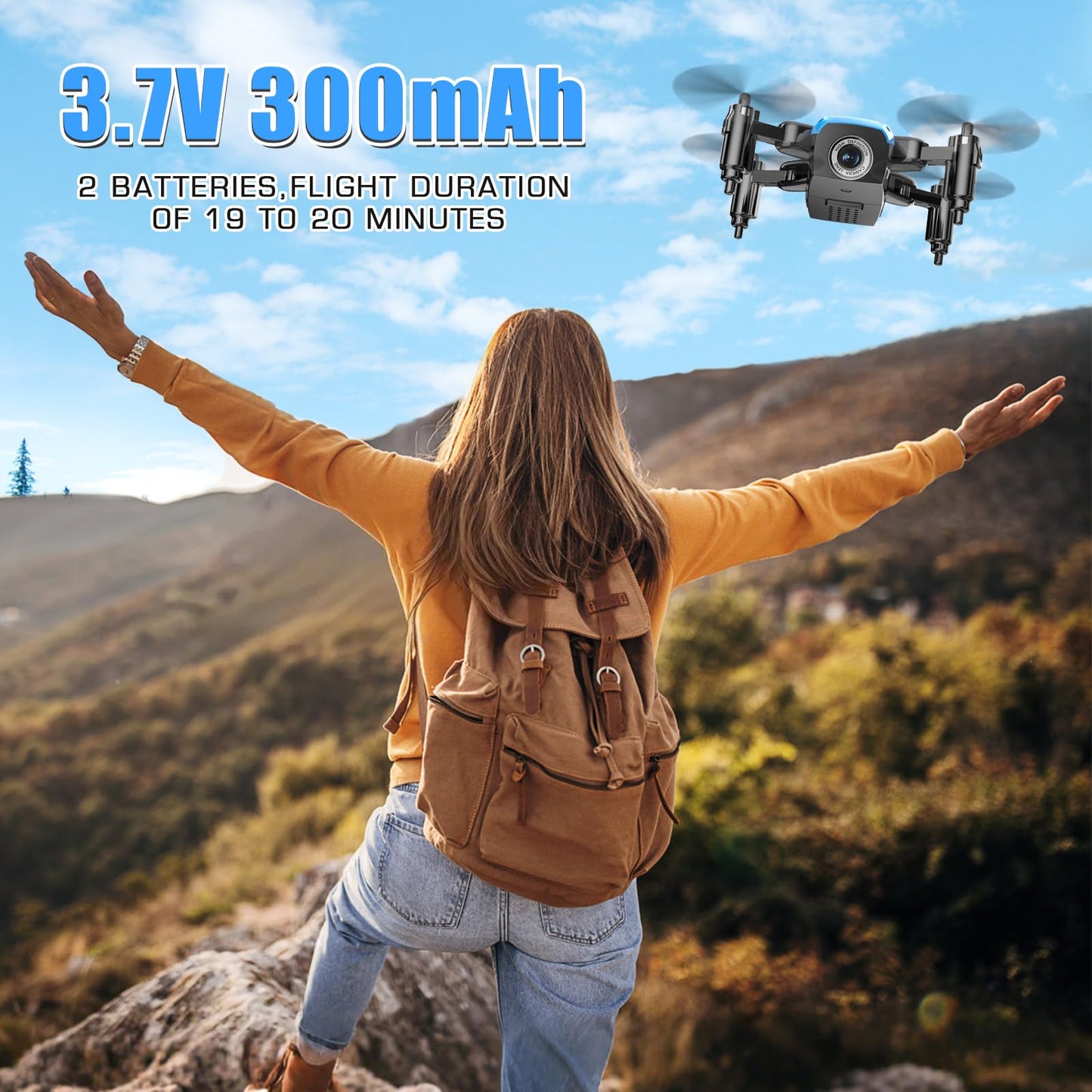 Drones for Kids with Camera, Mini RC Quadcopter Toy with Foldable Wings, Voice & Gesture Control, Altitude Hold, Full Propeller Guard, 2 Batteries, Birthday Gifts for Boys and Girls Ages 8-14 (Blue)
