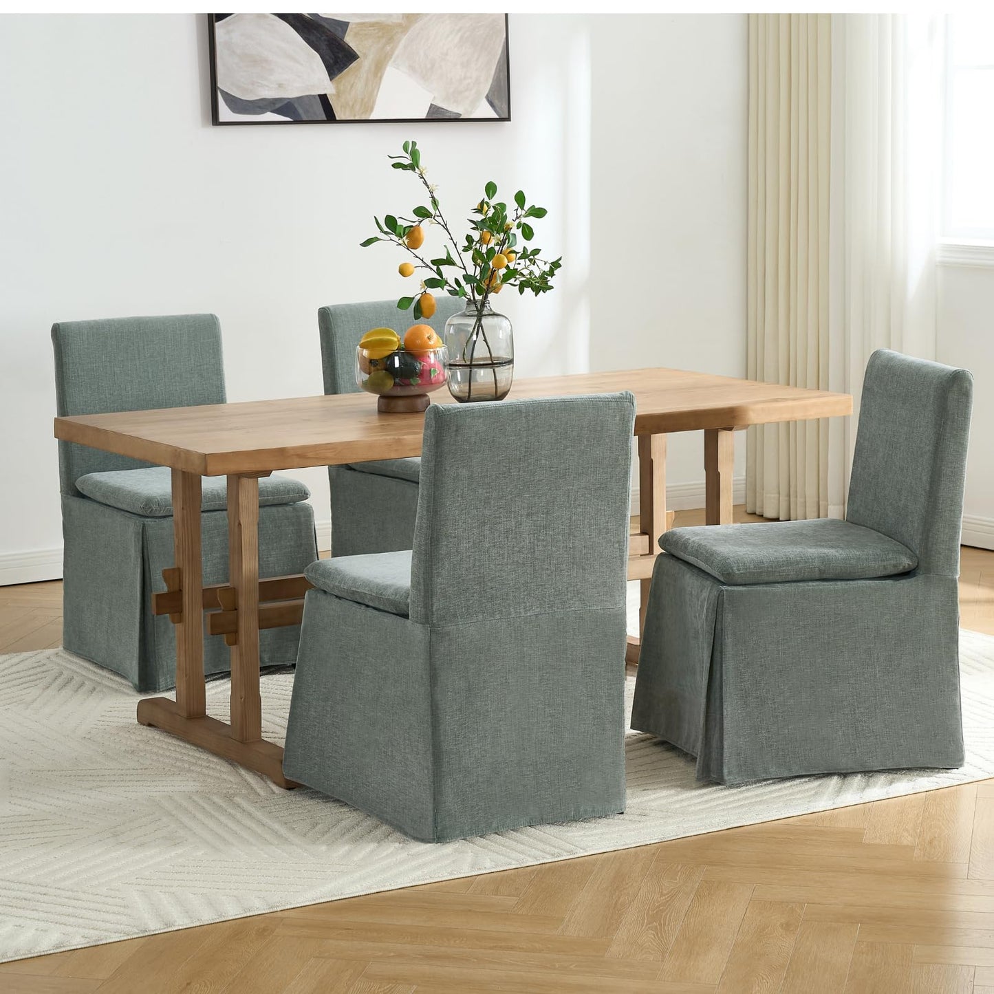 DAYALANE Farmhouse Slipcovered Dining Chairs Set of 4, Modern Upholstered Kitchen & Dining Room Chairs, Comfy Green Accent Armless Side Chair for Reading Room Kitchen Dining Room, Chenille