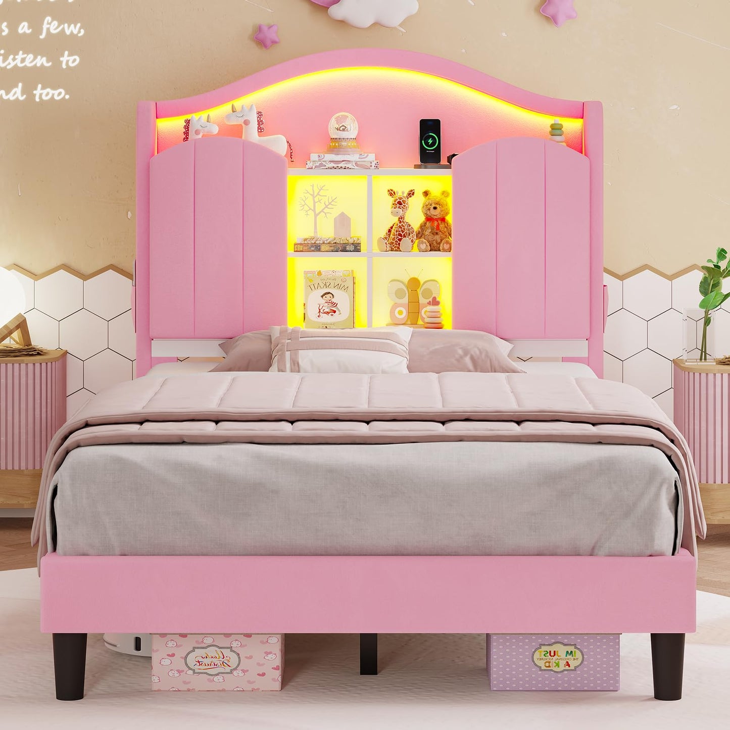 BTHFST Twin Girl Bed with LED Lights & Charging Station, Upholstered Storage Headboard Platform Twin Size Princess Bed Frame, No Box Spring Needed/Noise-Free/Easy Assembly, Pink