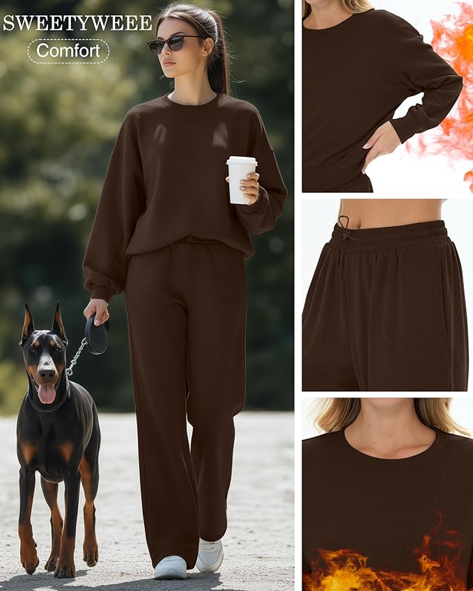 Sweetyweee Women's 2 Piece Outfits Set Fleece Lined Lounge Sweatsuit Crewneck Pullover Top Wide Leg Pants Casual Tracksuit