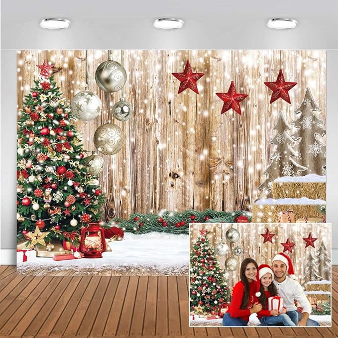CHAIYA 7X5FT Christmas Backdrop Wood Floor Backdrop Winter Snow Xmas Tree Gift Christmas Family Party Background New Year ...