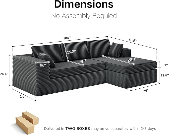 Extra Firm 108” Cloud Boneless Couches for Living Room,Modular Sectional Cloud Couch with Deep Seat, High-Resilience Foam/Sag-Resistant/Keeps its Form, No Assembly Required (Right-Facing Chaise) | Extended Durability, Extra Firm Support, Not easily col...