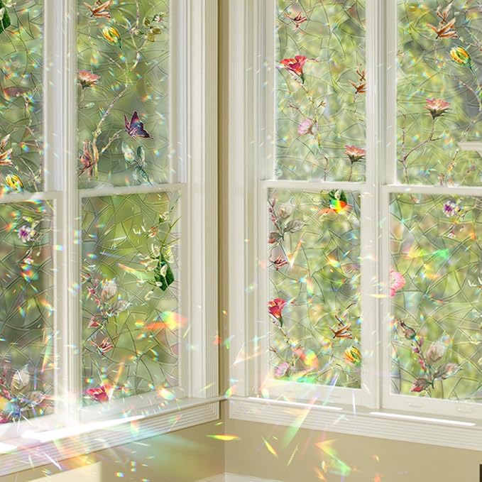 Rainbow Window Privacy Film Stained Glass Handmade Design for Bathroom, Watercolor Flower and Butterfly, 39.37" x 16.92"
