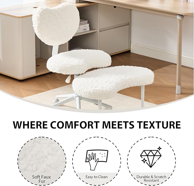Cross Legged Office Chair with Wheels–360°Swivel Meditation Chair, Adjustable Height Yoga Office Chair for Adults, Ergonomic Kneeling Chair with Back Support for ADHD, Faux Fur, Cream