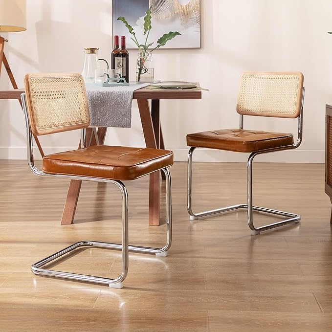 Zesthouse Natural Rattan Dining Chairs Set of 4, Modern Dining Room Chairs with Solid Wood Back for Kitchen Living Room, Mid Century Breuer Design Inspired, Upholstered Faux Leather Brown