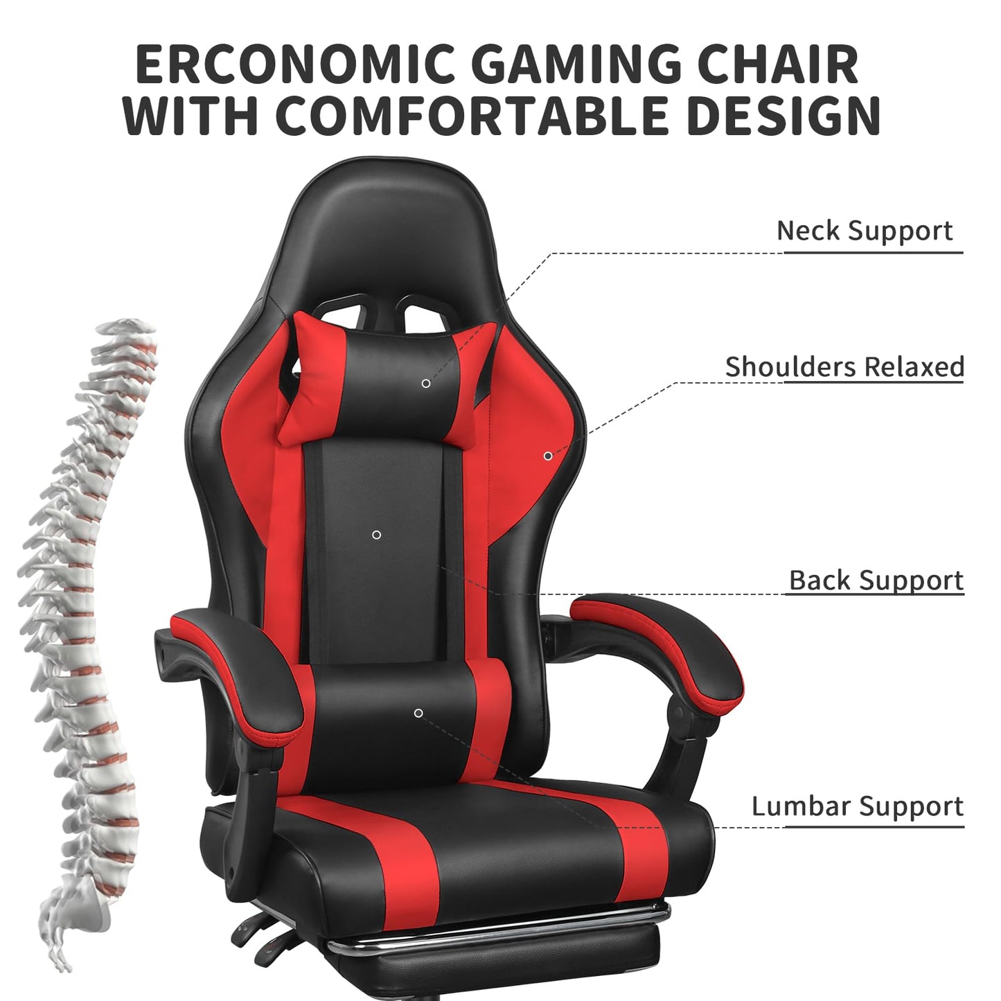 ErgoDesign Gaming Chair with Footrest and Massage Lumbar Support, Height Adjustable Game Chair, Video Gaming Chair for Gaming Room, Living Room and Office - Black/Red