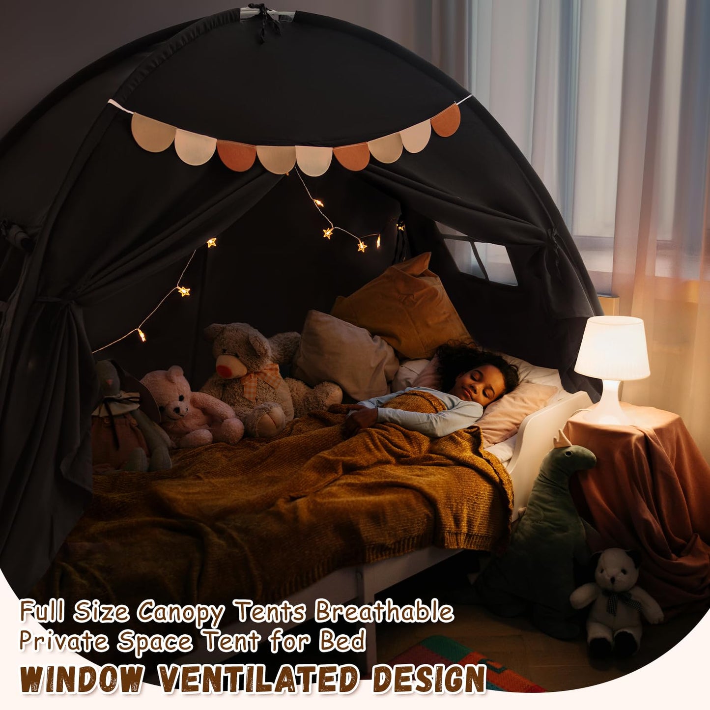 Twin Size Bed Canopy Toddler, Kids Bed Tents Indoor Dream Tent on Bunk Bed Privacy Space Blackout Sleeping Tents Portable Drafty Floor Playhouse for Boys Girl Birthday, Christmas House Gift, Black