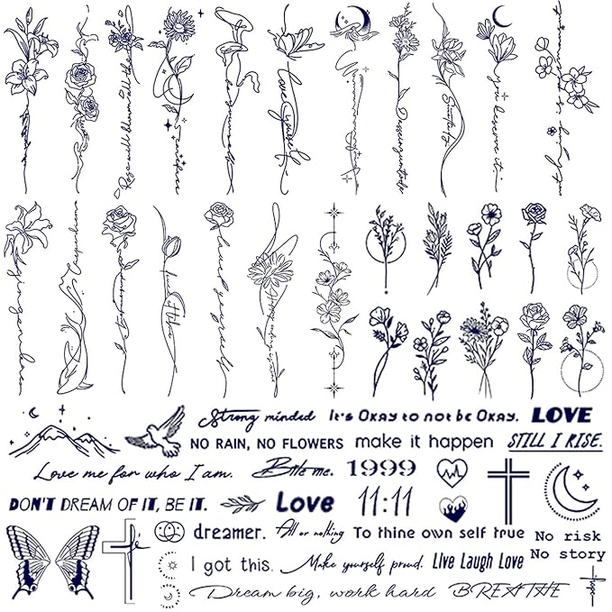 CHARLNET Semi-Permanent Tattoos for Adult - 2 Weeks Long Last Small Flower Words Tattoos for Women Men Hand Neck Body/Fades Naturally/No Reflection/Waterproof/Realistic, Minimal Line Art