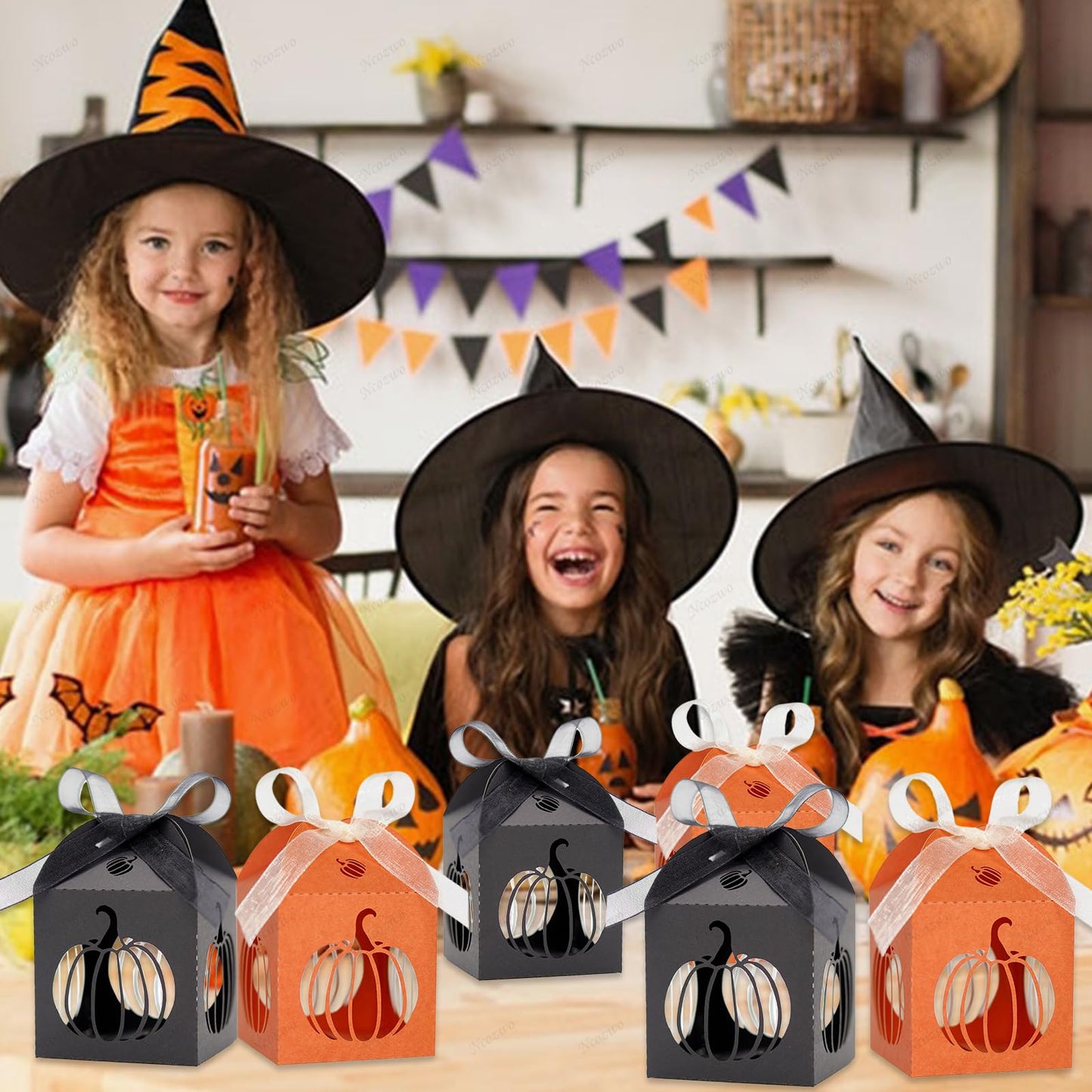 Ncozwo 20 Pcs Halloween Party Treat Boxes Pumpkin Candy Cookies Gift Box Hollowed-out Pumpkin Favor Boxes Hollow Die-Cut Cardboard Chocolate Container for Party Supplies Decorations (Black, Orange)