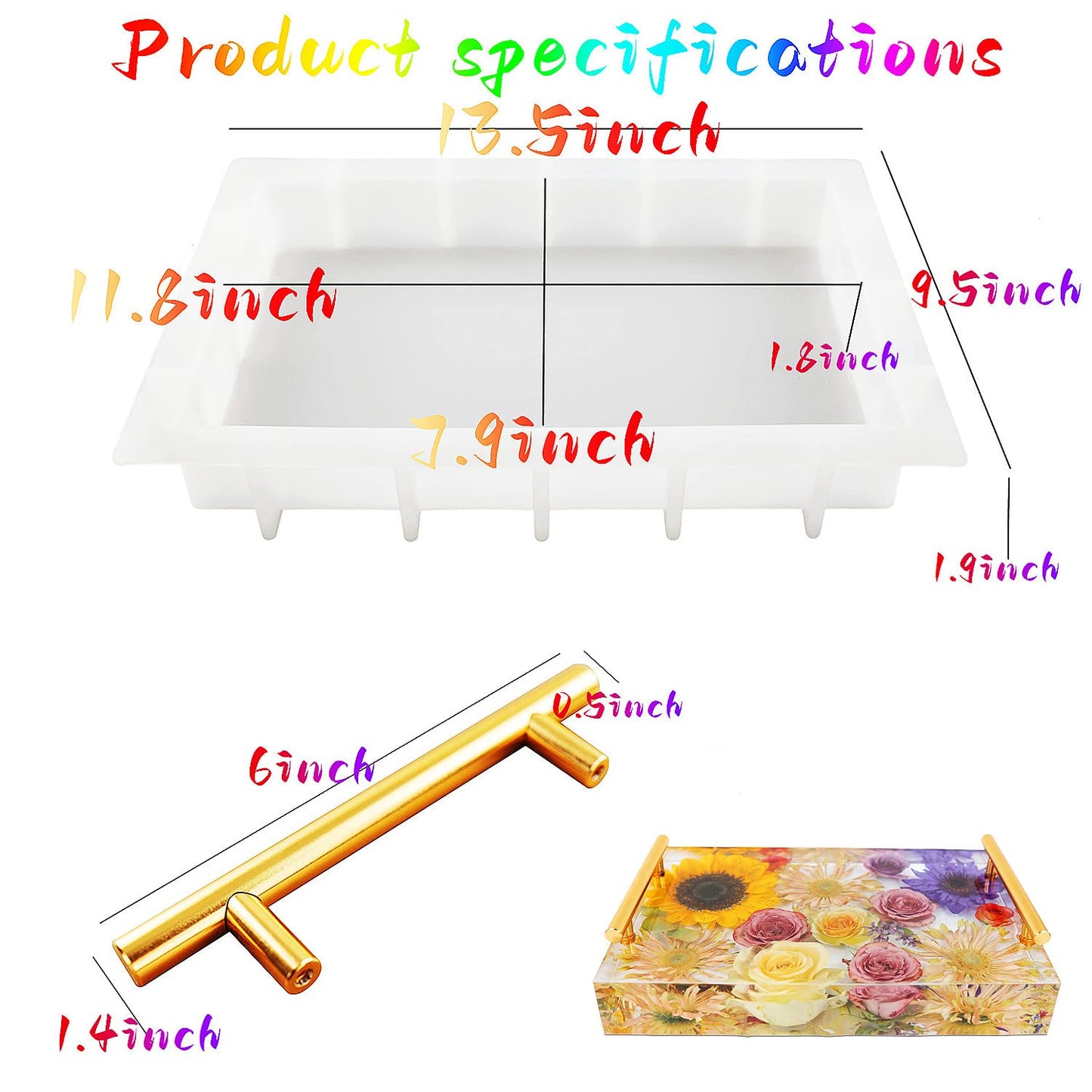 JEYUQAXY Large Silicone Tray Molds for Resin, 13.5"X9.5" Deep Rectangle Epoxy Tray Molds with 4pcs Gold & Silver Handles, Resin Table Mold for River Board Table DIY Art Home Decoration