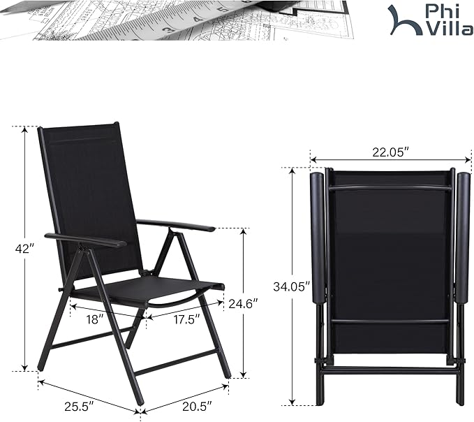 PHI VILLA Outdoor Patio Folding Chairs Set of 2, Portable Patio Dining Chairs with Adjustable Backrest for Outside, Garden, Lawn & Yard, No Assembly, Black