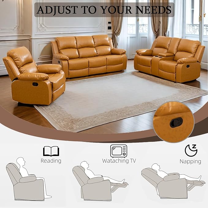Caberryne Leather Recliner Sofa Set，Leather Reclining Couch for Living Room Furniture Sets，Ginger Recliner Couch with 5 Recliners for Living Room/Office/Theater Seating(Sofa Set 3 Pieces)