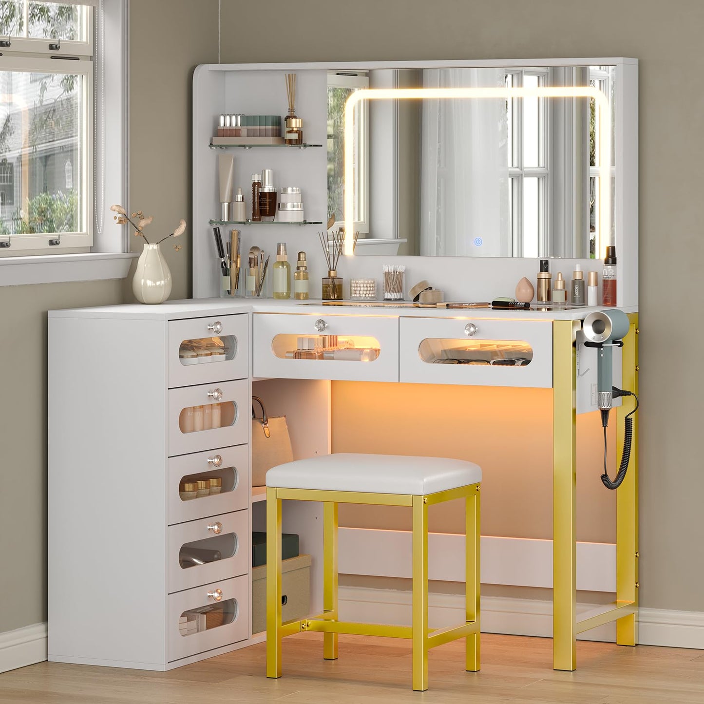 CollaredEagle Vanity Desk with Mirror and Lights, 43" Big Modern Vanity Desk, Transparent Top Vanity with 2 RGB Drawers, with Power Outlet & Stool, Modern Ample Storage Dressing Table, White