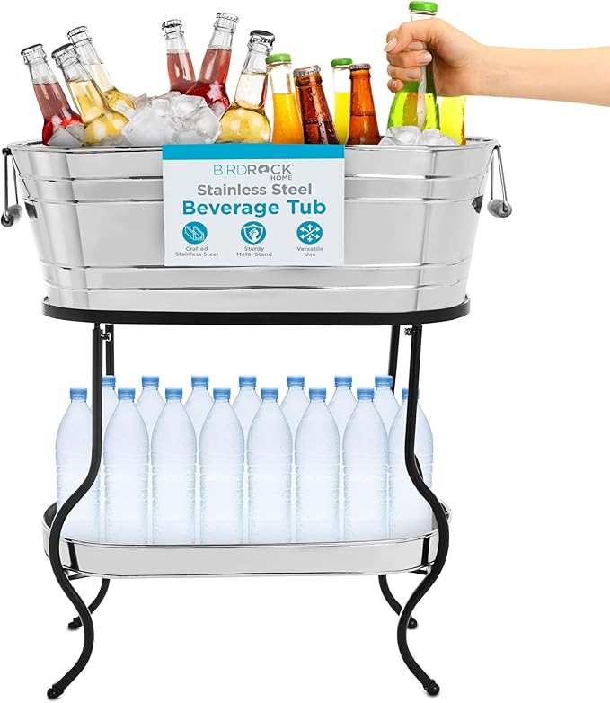 BIRDROCK Home Stainless Steel Beverage Tub with Stand - Bottom Tray - Ice Bucket - Party Drink Holder - Wooden Handles - O...