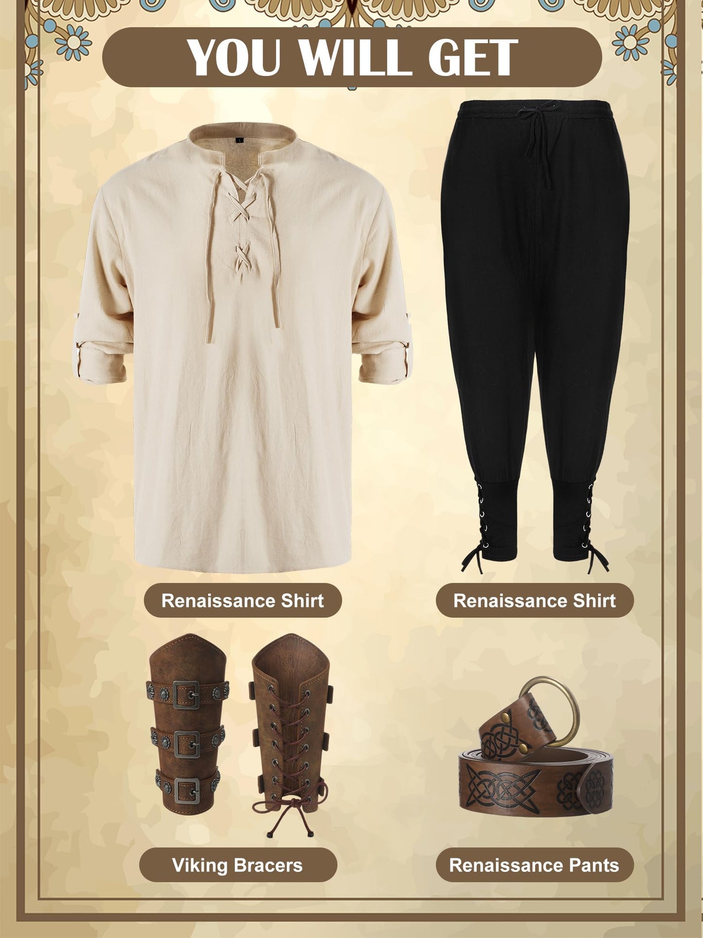 Jiuguva 4 Pcs Halloween Men's Renaissance Costume Set Medieval Pirate Shirt Ankle Banded Pants Viking Belt Accessories (Classic Color,Large)