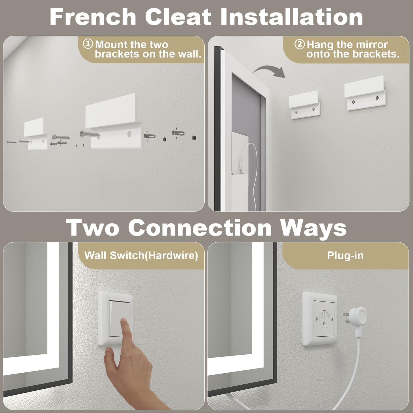 OKPAL 24x36 Black LED Mirror for Bathroom, Lighted Bathroom Mirror with Lights, Frontlit & Backlit Lighted Vanity Mirror, Anti-Fog, Dimmable, Memory, Shatterproof, Horizontal/Vertical