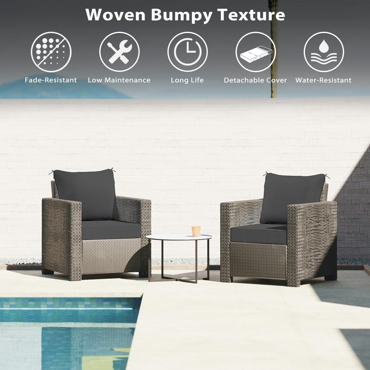 Sundale Outdoor Olefin Deep Seat Cushion Set of 2, Patio Chair Cushion and Pillow, Water-Resistant Sectional Sofa Pad with Straps Dark Gray, 23 x 26 x 6 Inches