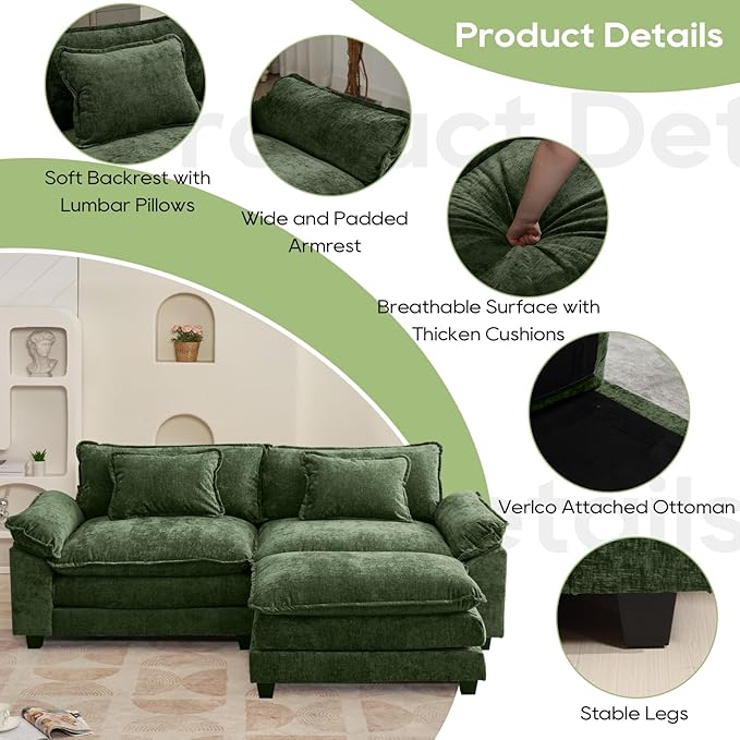 Oprisen 86" Modular Sectional Sofa, Comfy Cloud Couch Sectional Sofa with Ottoman, Chenille Sofa Sleeper Deep Seat Sofa with Throw Pillows for Living Room (Green, 86"- L Shape)