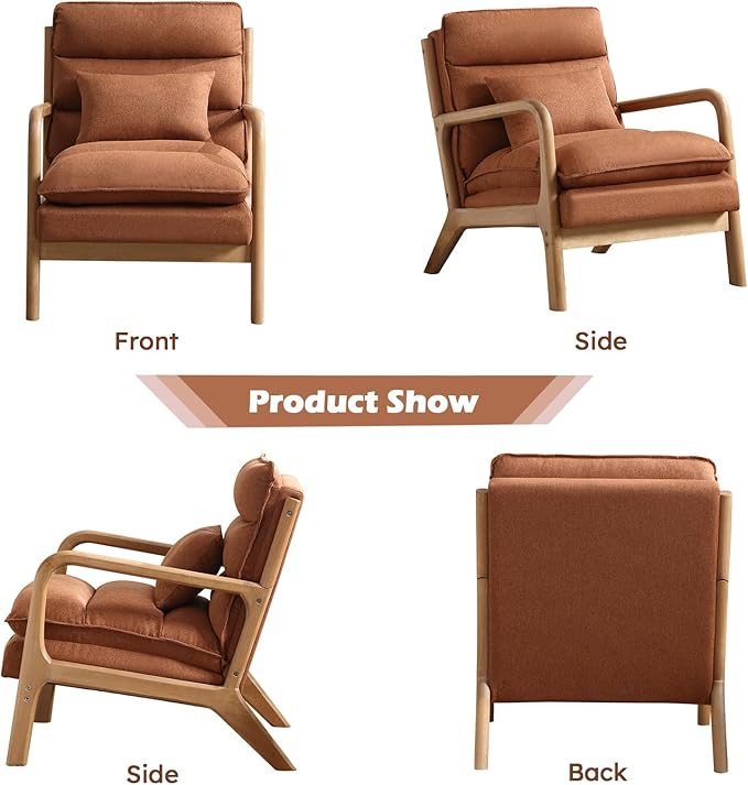 IOMOR Mid Century Modern Accent Chair, Upholstered Lounge Armchair with Plump Back Pillow, Comfy Reading Chair with Solid Wood Frame for Bedroom Living Room, Brown