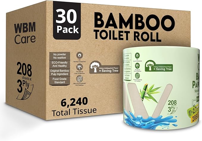 WBM Care Bamboo Toilet Tissue, Strong & Flexible 3-Ply, All Natural Tree Free and Septic Safe Paper Towels, 208 Sheets Each Roll, Total 6240 Sheets, 30 Rolls