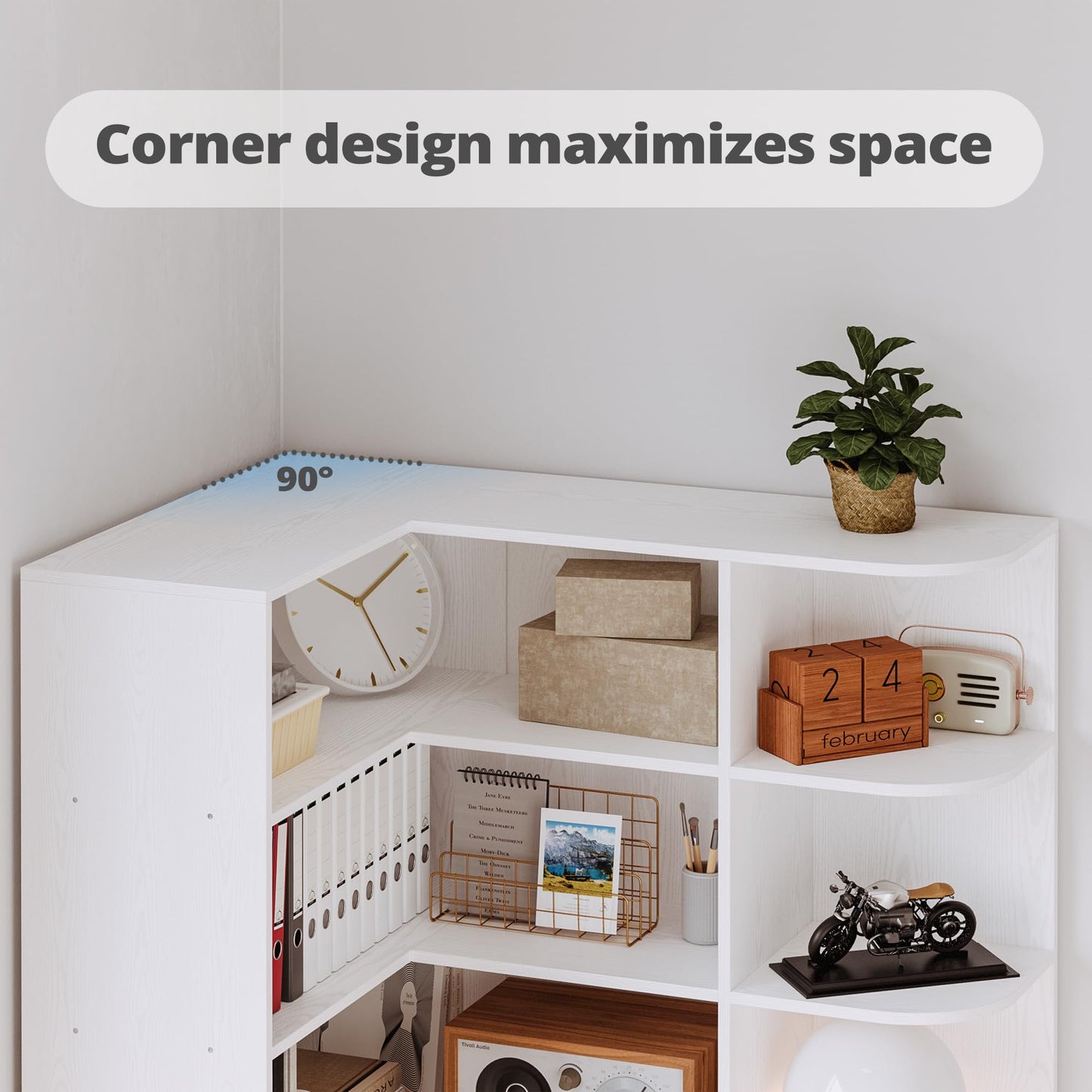 IRONCK Corner Bookshelf and Bookcase with 2 Drawer and 10 Open Shelves, 76.8" Height L Shaped Storage Shelf Corner Combination, for Living Room Home Office, Modern White